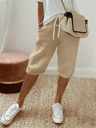 Women's Solid Color Drawstring Waist Pocket Casual Bermuda Shorts