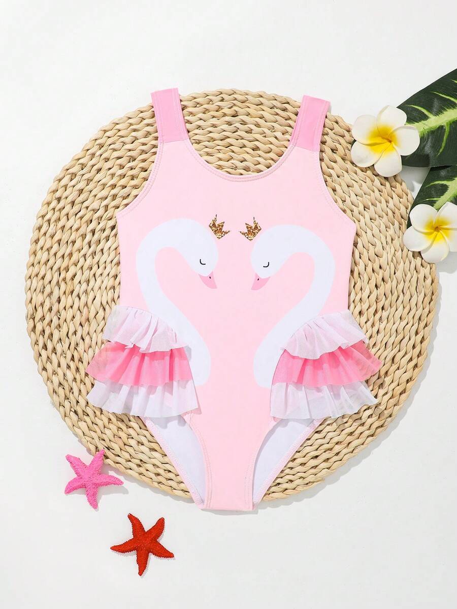 SHEIN Young Girl Summer Beach Contrast Color Swimsuit With Ruffle Hem And Swan Print Summer Holiday - Pink - View 1