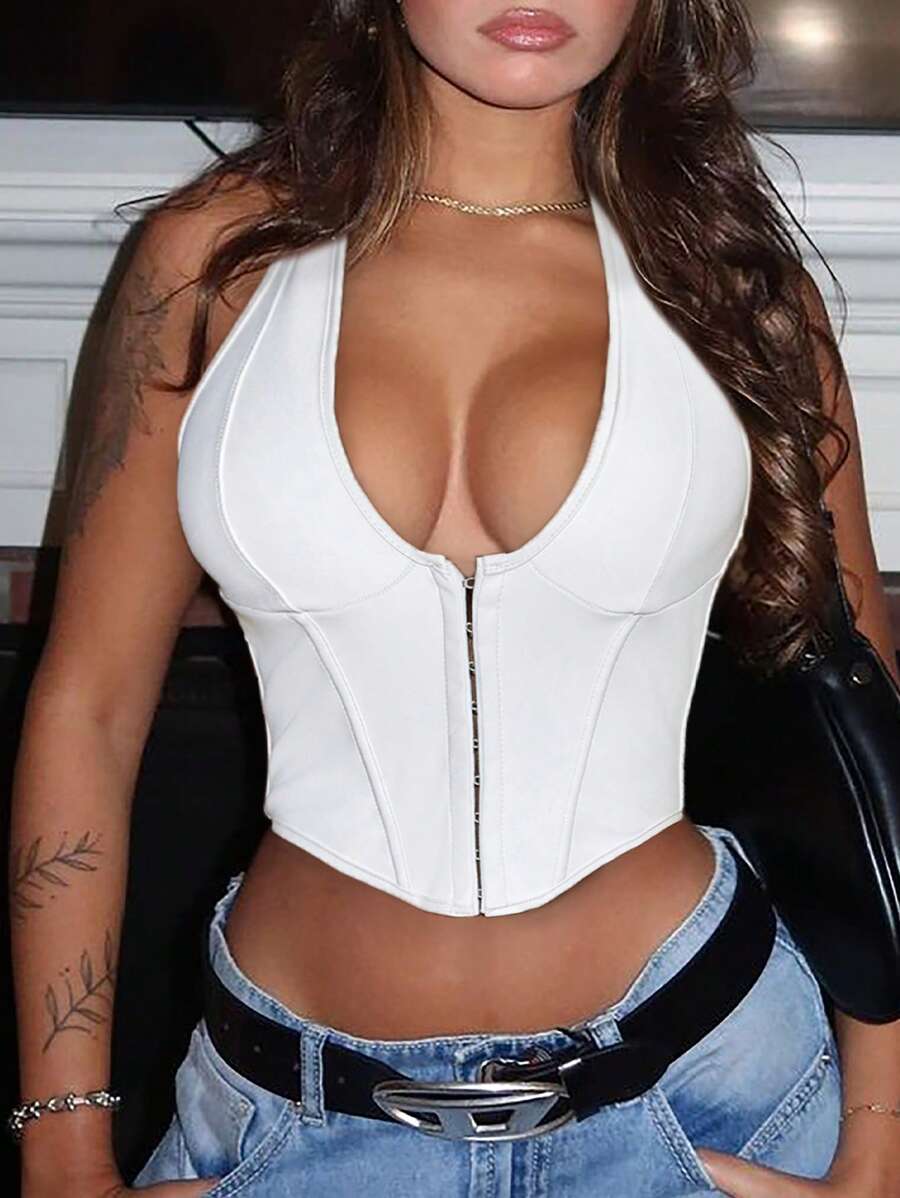 Apperloth A Y2K Stylish V-Neck Rivet Front Lace-Up Backless PU Leather Camisole Crop Top, Sexy & Avant-Garde For Party, Music Festival - White - View 1