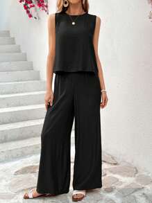 SHEIN Essnce Solid Tank Top & Wide Leg Pants For Summer Vacation - Black - View 1