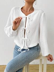 SHEIN LUNE Solid Tie Front Bishop Sleeve Blouse Fall Cloth For Women - White - View 3