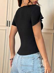 Calvaya Camiseta de manga corta ajustada y acanalada con cuello redondo y ribete de encaje de talla grande, para verano