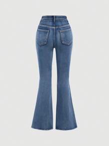 SHEIN Teen Girls Casual Raw Hem Flare Leg Jeans - Dark Wash - View 2