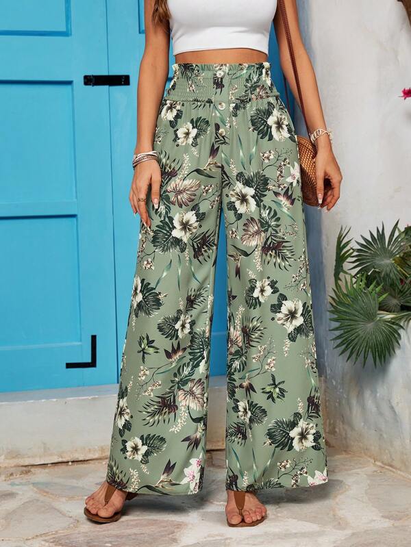 SHEIN VCAY Frauen Hose mit tropischem Pflanzen-Muster, mit Kordelzug hoher Taille, locker geschnittene weite Beine lang für den Urlaub
