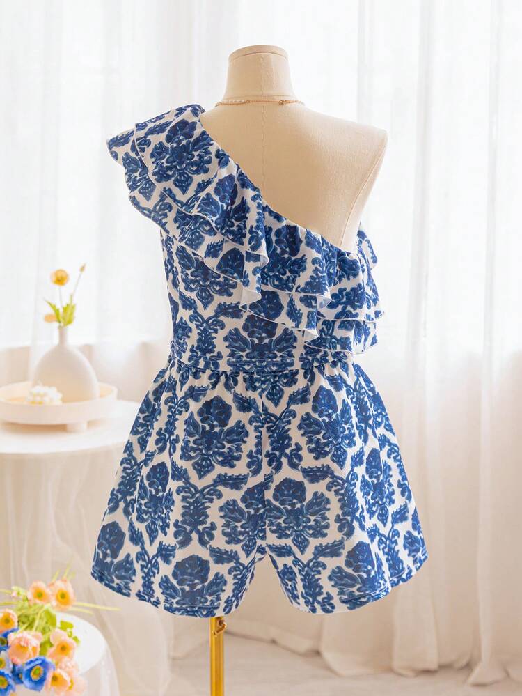 WYWH Vacation Women's Blue & White Retro Floral One-Shoulder Top With Ruffle Trim Plus Size 2pcs/Set