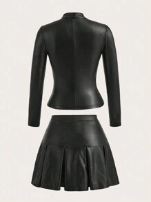 Slaydiva 秋季街頭休閒音樂節圓領長袖拉鍊上衣迷你裙PU女士兩件套-H號 - 黑色 - 查看 12
