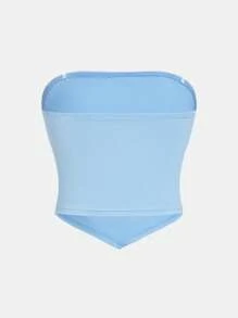 SHEIN Girlism Áo thun bandeau dệt kim màu trơn đơn giản không đối xứng cho bé gái tuổi teen - Màu xanh nhạt - Xem 2