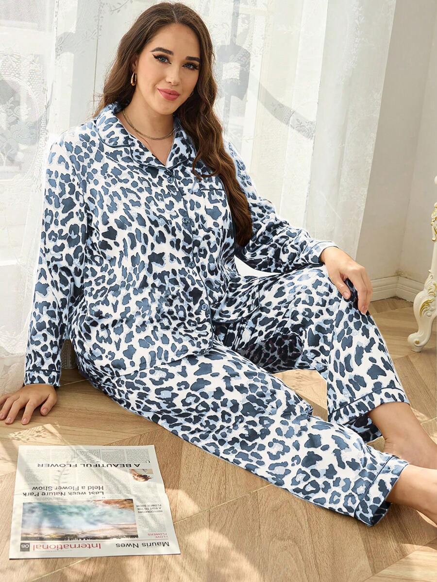 Plus Leopard Print Satin Top & Pants Pajama Set - Multicolor - View 1