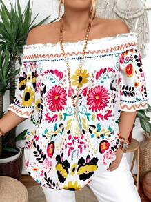 Áo sơ mi in định vị co giãn lệch vai Plus Size - trắng - Xem 4