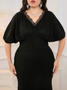 Modelyn 大码女式蕾丝拼布蝙蝠袖美人鱼下摆连衣裙，优雅晚会礼服长款晚礼服 - 黑色 - 查看 4