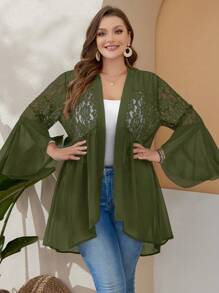 EMERY ROSE Plus Size Women'S Summer Black Cardigan Chiffon And  Lace Splice Ruffle Sleeve Top