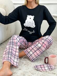 RueChic Hoạt hình & In Khẩu hiệu Tay áo dài Áo thun Và Checkered Quần Bộ đồ ngủ ( Không có Mặt nạ mắt ) - màu đen - Xem 3