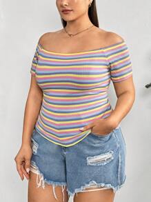 SHEIN Essnce Plus-Size Women's Date Tops, Rainbow Striped T-Shirts, Off-The-Shoulder Tops, Cute Summer Dresses,Summer Women Dresses Casual Summer Dress Summer Tops,Teacher Clothes Teacher T Shirt  Fall Women Clothes