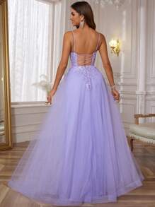 细肩带蕾丝舞会礼服，带蝴蝶刺绣，长款 A 字形闪亮贴花，青少年返校节礼服，网眼正式晚礼服，带骨派对舞会礼服，女士系带后背优雅婚礼宾客礼服，适合毕业典礼、晚宴