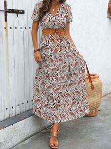 Breezaya Women's Paisley Pattern V-Neck Elastic Waist High Slit Vacation Dress