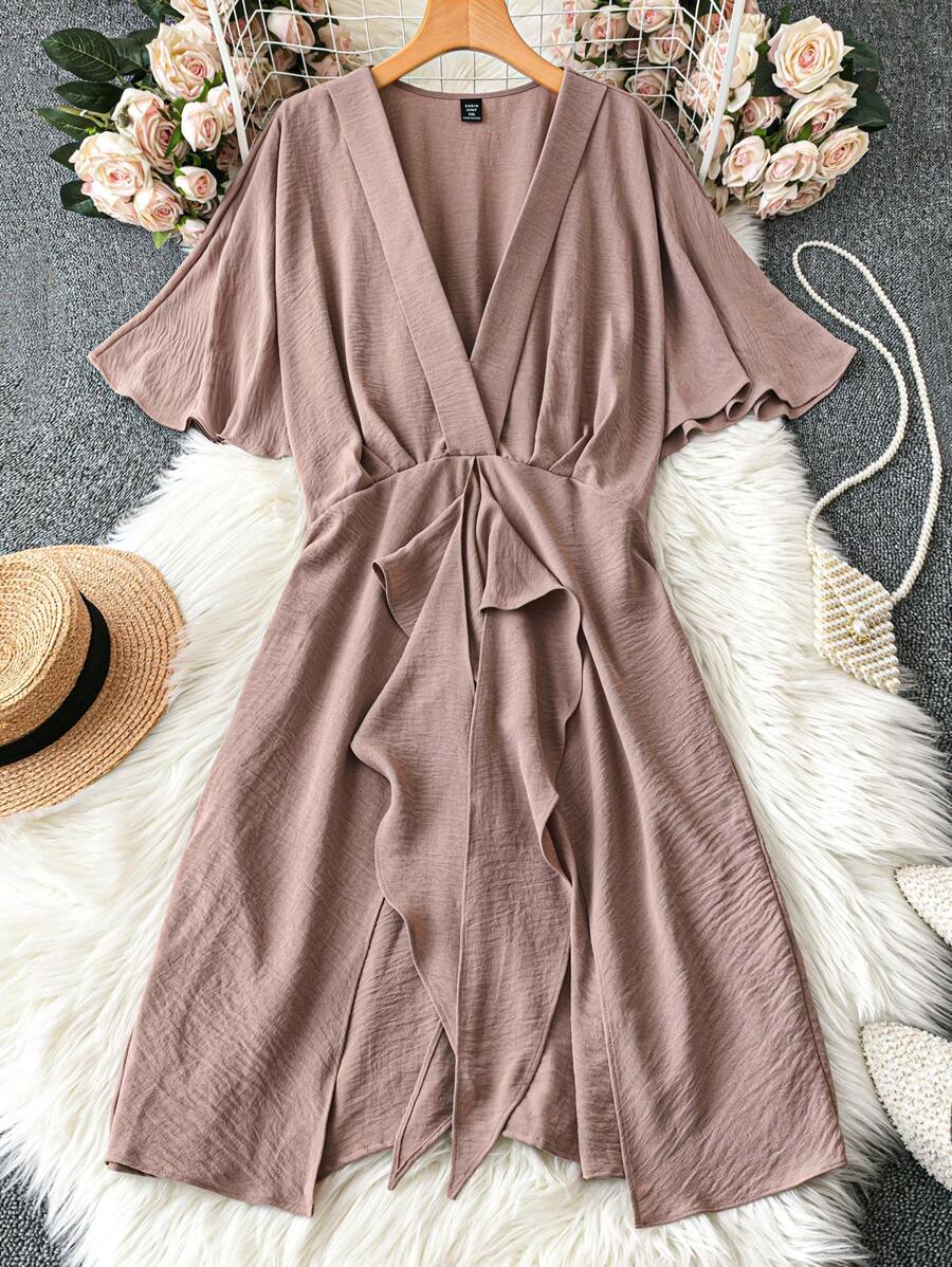 SHEIN LUNE Gaun Model Wrap Depan Ukuran Plus Polos untuk Liburan Musim Panas - Aprikot - View 1