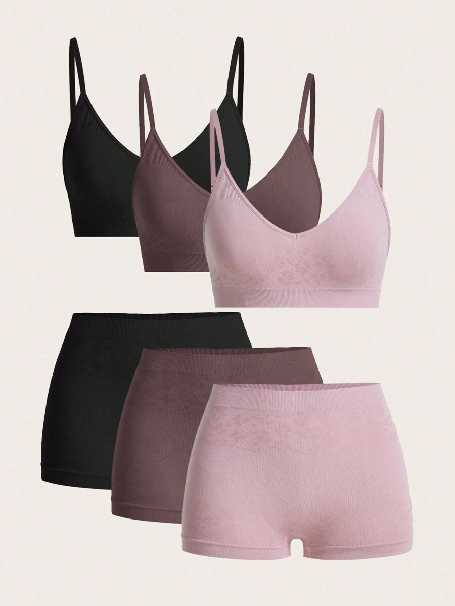 SHEIN 6pcs Seamless Solid Color Simple Summer Bra & Panty Underwear Set - Multicolor - View 1