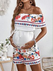 SHEIN Maternity Vacation Floral Print Ruffle Ruffle Waist Tie Casual Romper