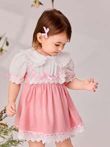 SHEIN Baby Girl Sweet Color-Block Peter Pan Collar Dress, Summer - Pink - View 3