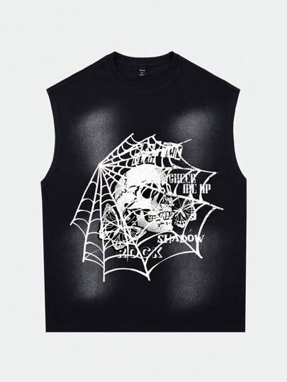 Grunge Punk Men's Vintage Dark Gothic Printed Distressed Washed Spray Donkey Craft Tank Top, Summer