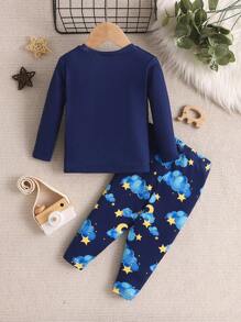 Conjunto de pijama de manga larga para bebé niño, 2 piezas ajustadas y cómodas con patrón de elefante y luna tejido y piel suave al tacto - Azul - Ver 2