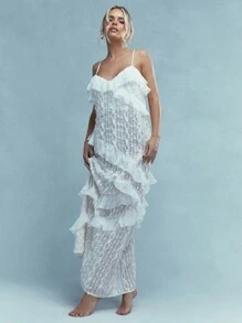 MISSGUIDED Boho Sheer Lace Ruffle Detail Cami Maxi Dress - Beige - View 4