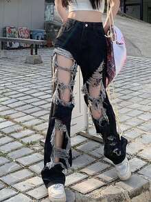 Ripped Distressed Women's Jeans, Versatile - Black - View 3