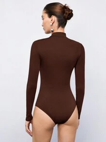 Maija Slim Fit Stand Collar Contrast Mesh Brown Bodysuit For Women - Brown - View 2