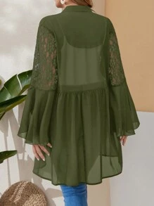 EMERY ROSE Plus Size Women'S Summer Black Cardigan Chiffon And  Lace Splice Ruffle Sleeve Top