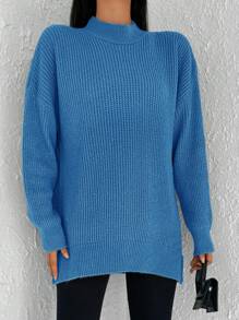 SHEIN Cottnline Suéter De Hombros Caídos Con Cuello Alto De Color Liso - Azul - Ver 4