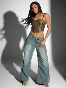 Hauture Glitter Mesh Ruched Corset Cami Strap Top - Brown - View 2