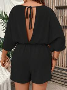 SHEIN 大码女式纯色 V 领镂空系带连体衣 - 黑色 - 查看 2