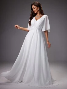 V-Neck Ruffle Sleeve Embroidered Waist Wedding Dress - White - View 4