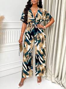 VaVaBold Allover Print Batwing Sleeve Belted Jumpsuit For Summer - Brown - View 6