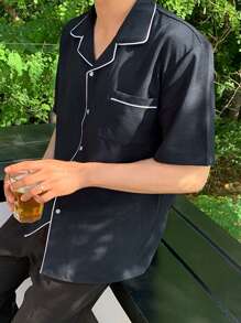 DAZY Men's Summer Short Sleeve Casual Shirt With Contrast Collar And Hem - Blue - View 7