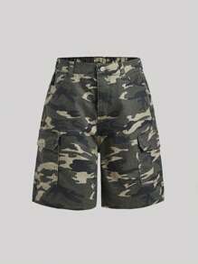 SHEIN Tween Girl Y2K Camo Print Baggy Casual Denim Shorts, Summer - Army Green - View 1