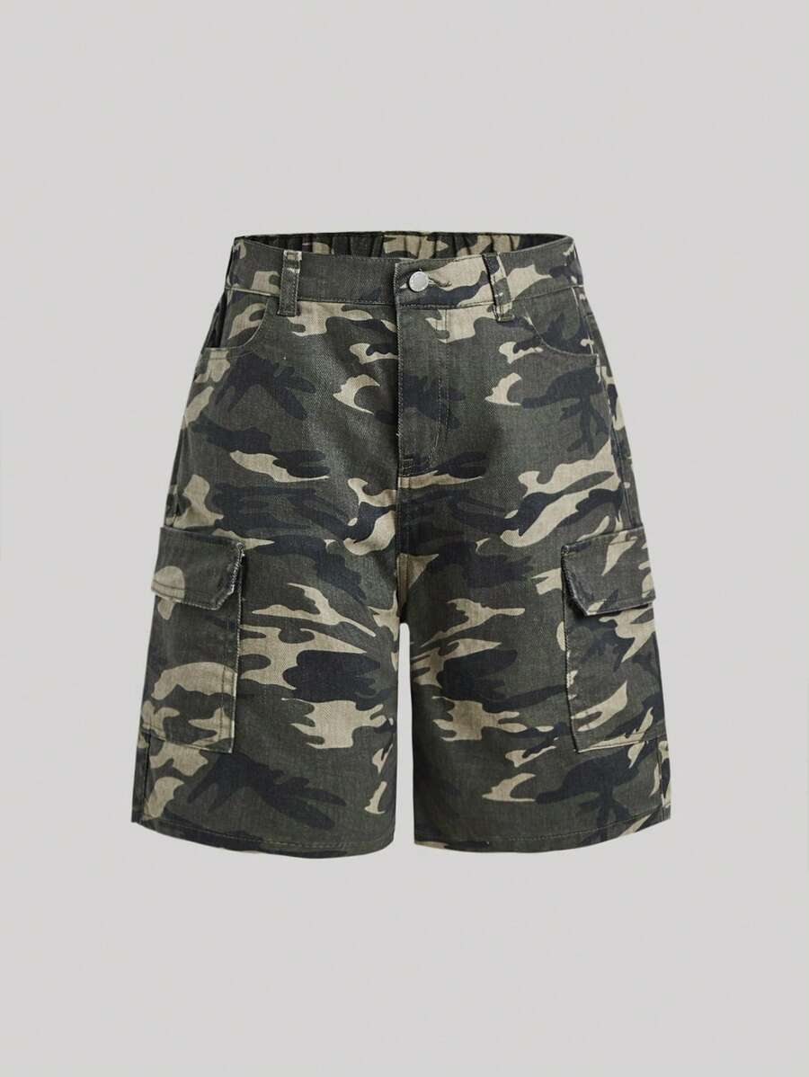 SHEIN Tween Girl Y2K Camo Print Baggy Casual Denim Shorts, Summer - Army Green - View 1
