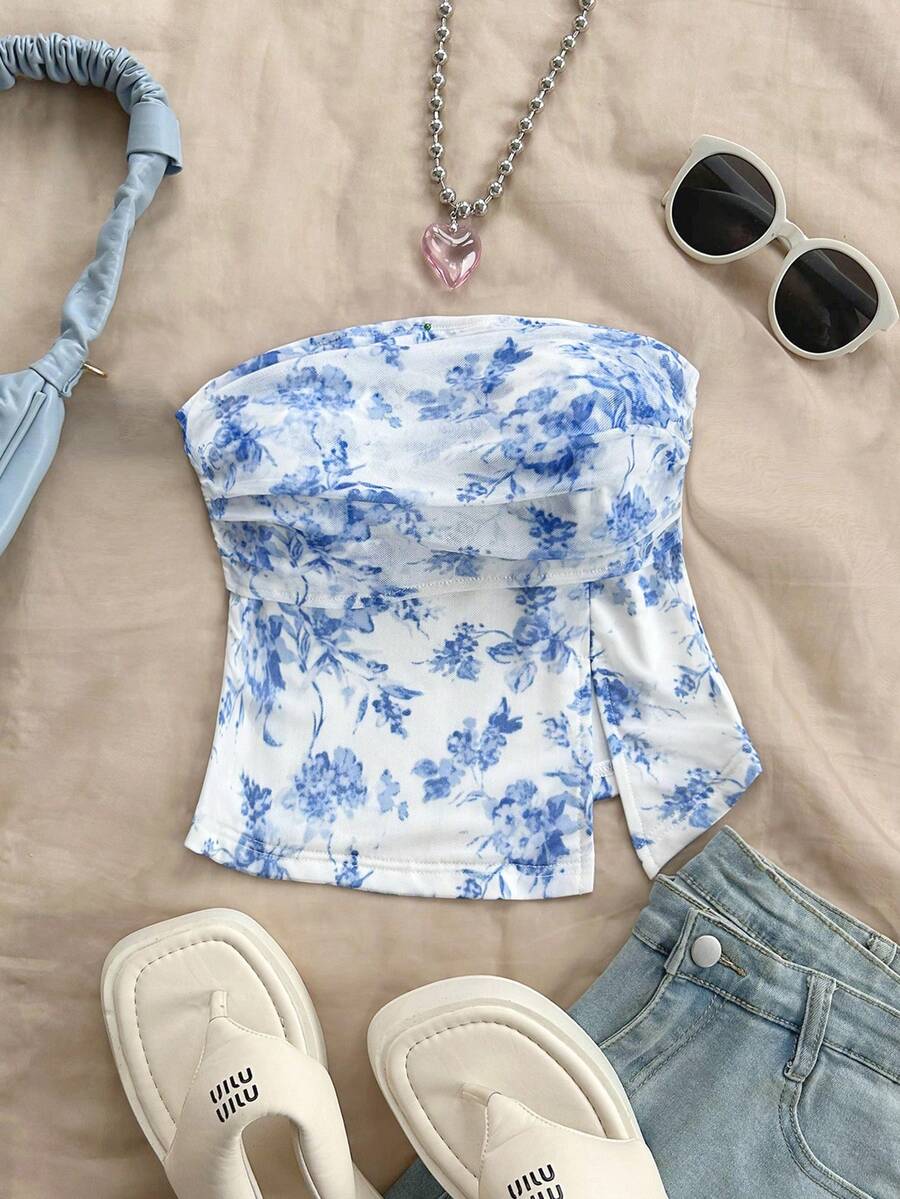 Soleia Blau-Weiß bedrucktes Urlaubs-Bandeau-Top für Damen mit Schlitz - Blau-Weiß - Übersicht 1