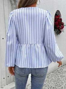 SHEIN LUNE Striped Print Knot Front Lantern Sleeve Peplum Blouse For Spring & Summer Fall Cloth For Women - Blue and White - View 2