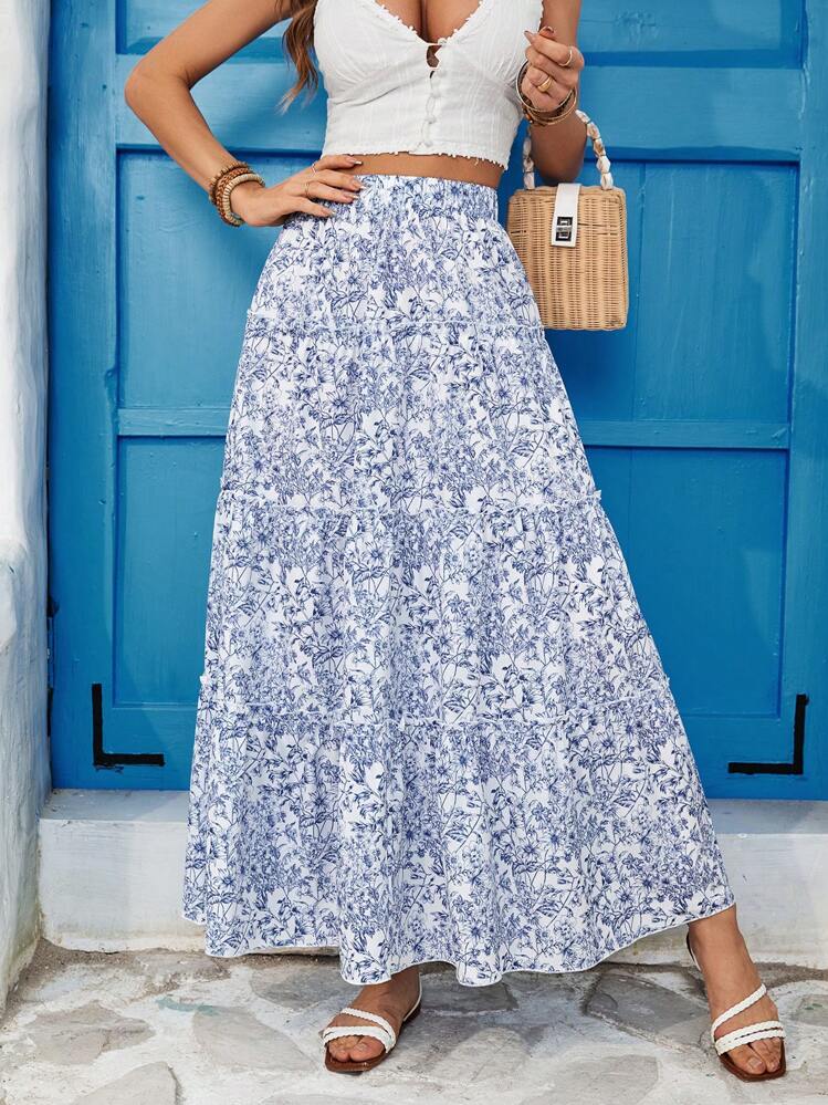 Maxi Jupe Longue Ann Harvey Bleue à Fleurs - Taille 22 - État Neuf