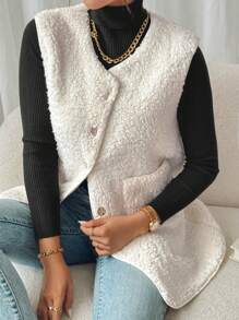 SHEIN Frenchy Dual Pocket Button Front Teddy Vest Coat In Fall/Winter - Beige - View 4