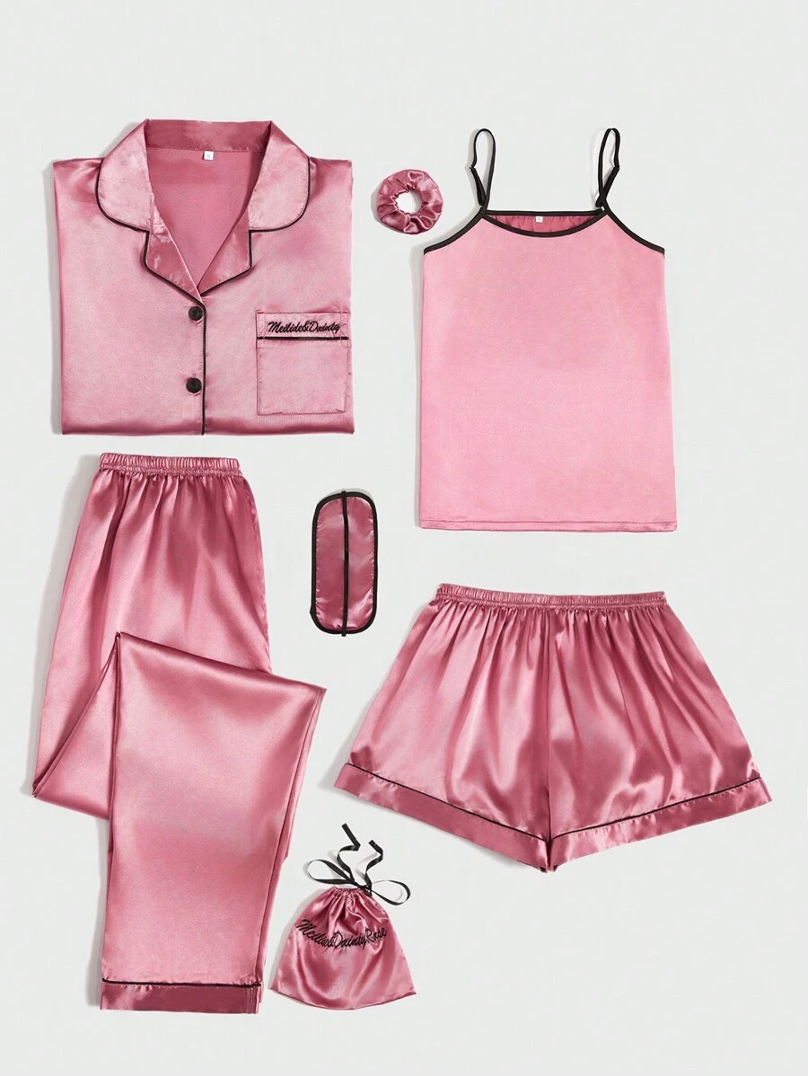 LuxeNights 女士春夏仿丝刺绣睡衣套装，7件套，包括衬衫、长裤、吊带背心、短裤等，秋冬皆宜，舒适优雅。 - 玫紅色 - 查看 1