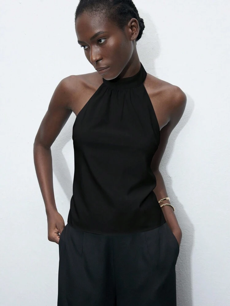 SHEIN Maija 2026 Spring & Summer Outfits Women's Solid Color Black Backless Halter Top  St Patrick's Day Women Easter Summer Outfits Easter Dress Women Party Top Beach Dress Summer Holiday Outfits Each Vacation Outfits For Women  Summer Outfit For Women Going Out Outfits Graduation Graduation Outfit  Casual Dresses  Casual Blouses For Women