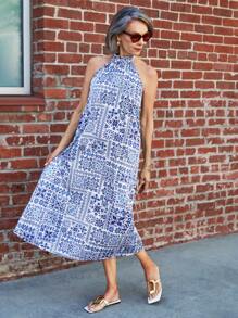 SHEIN LUNE Trang phục thường ngày dành cho nữ mùa hè cổ điển không tay in hình - Màu xanh lam - Xem 4