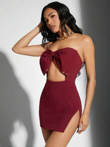 Hauture Big Bow Gem Trim Cut Out Side Slit Mini Dress - Burgundy - View 3