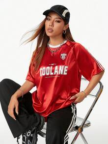 Coolane Camiseta de manga corta y cuello redondo para mujer con impresión de letra y estilo de manga raglán, ideal para el verano y ocasiones informales. - Rojo - Ver 5