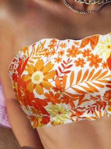 SHEIN Swim 女士夏季海灘熱帶植物印花無肩帶性感比基尼套裝，隨機印花 - 彩色 - 查看 4