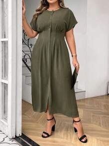 Flirla 夏季款加大蝙蝠袖褶皺細節連衣裙 - 軍綠色 - 查看 6