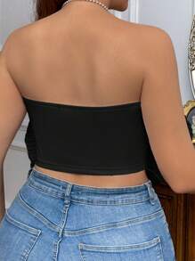 SHEIN Privé Plus Size Exquisite Pleated Tight Fit Women's Top For Spring/Summer Vacation, Date Night Or Beach Party - Black - View 2