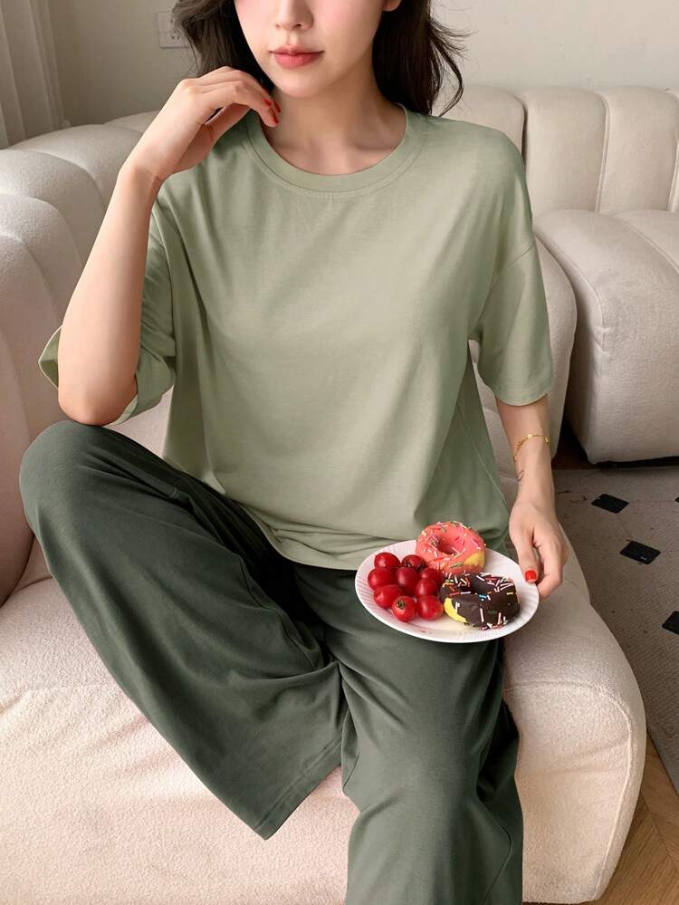 Simple Monochrome Short Sleeve Top & Long Pants Home Clothes Set, Outfits Pajama